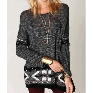 Free People Wool Mohair Blend Chunky Knit Tunic Oversize Sweater Sz M Gray Black